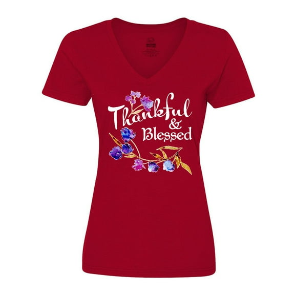Inktastic Thankful and Blessed Inspirational Saying with Flowers Women's V-Neck T-Shirt