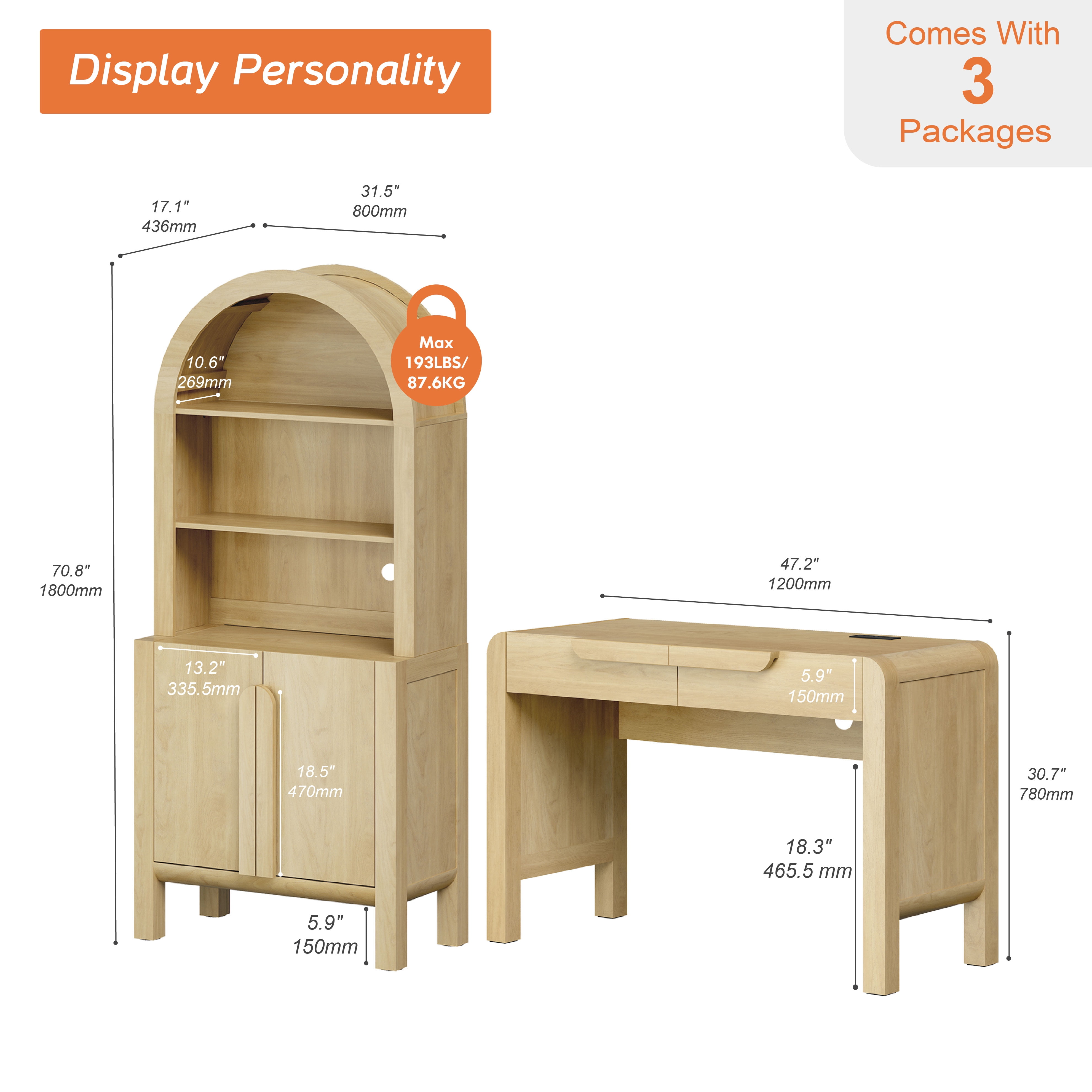 2 Piece Office Set, 47" Modern Executive Desk with Charging Station and Drawers & 71"H Tall 5-Tier Arched Bookcases with Storage Cabinet for Living Room, Bedroom, Home Office