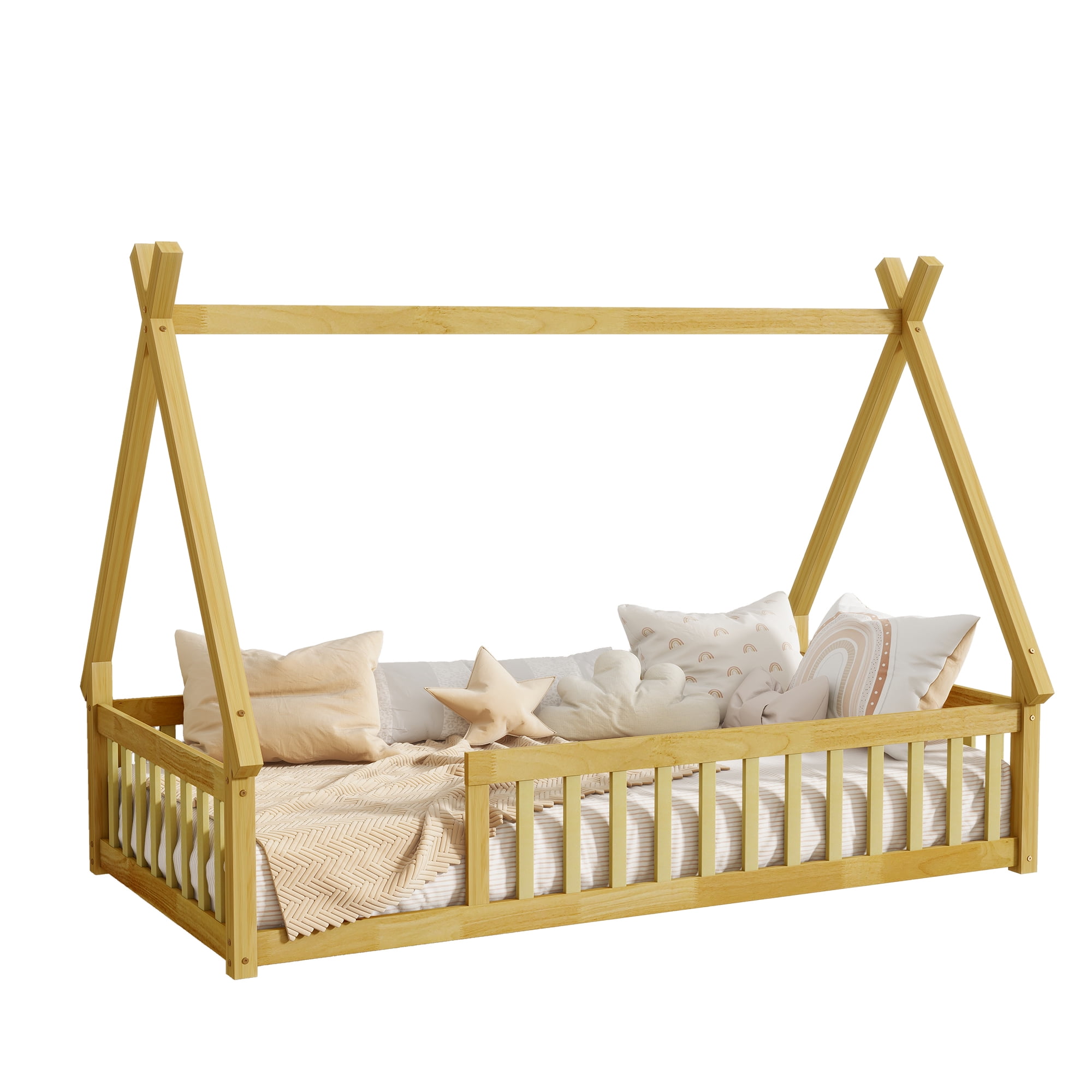 Mirightone Twin Size Floor Bed, Montessori Teepee Floor Bed with Rails, Wood Tent-Shaped Bed with Fence (Natural)