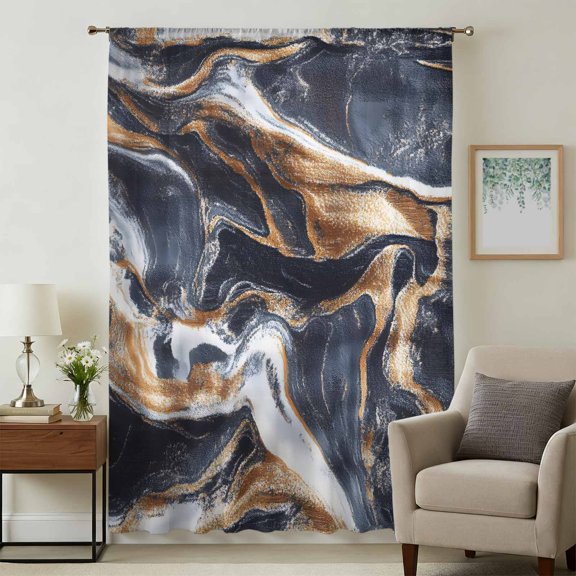 Navy Blue Brown Marble Sheer Curtains 63 Inches Long, Minimalist Abstract Art Light Filering Curtains, Breathable Simi Curtain Privacy Drapes for Living Room Bedroom Lightweight Window Treatment