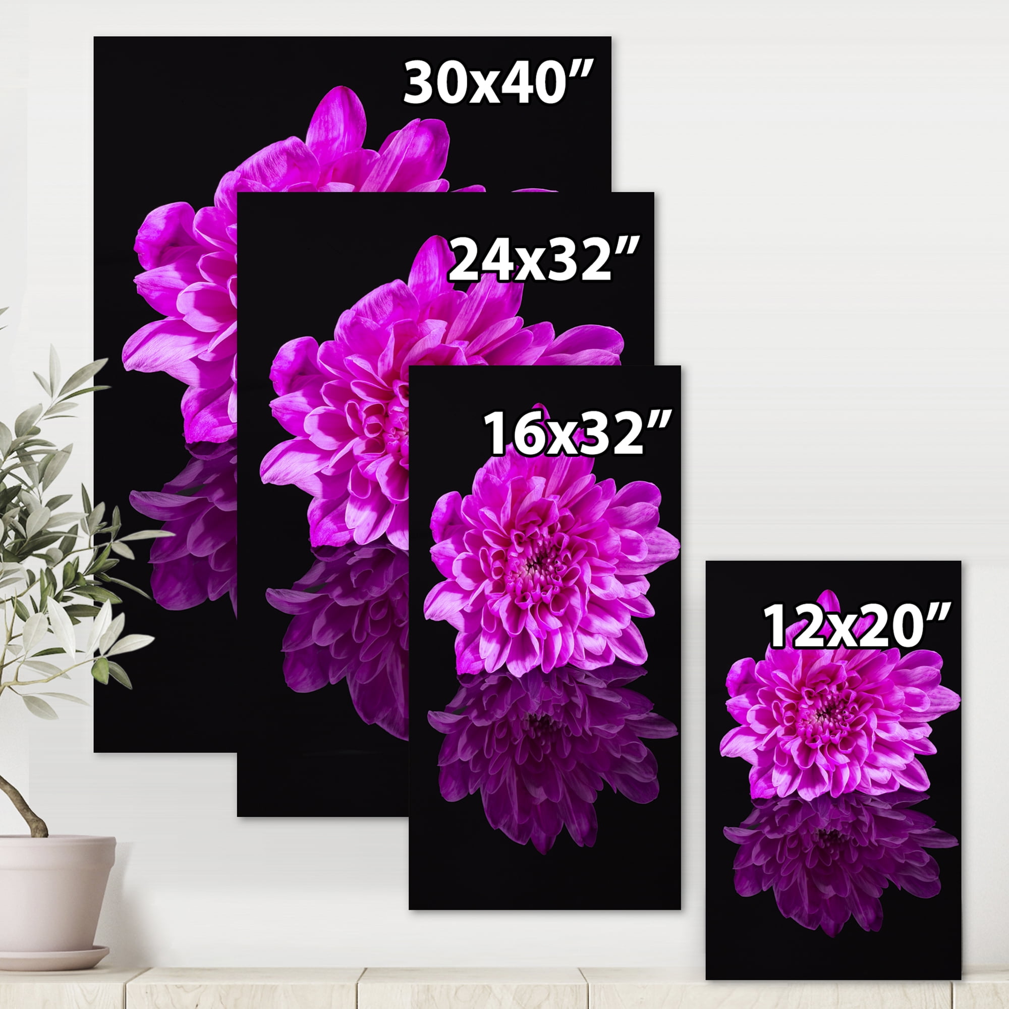 Single Purple Chrysanthemum Flower On Black Reflection 8 in x 12 in Painting Canvas Art Print, by Designart