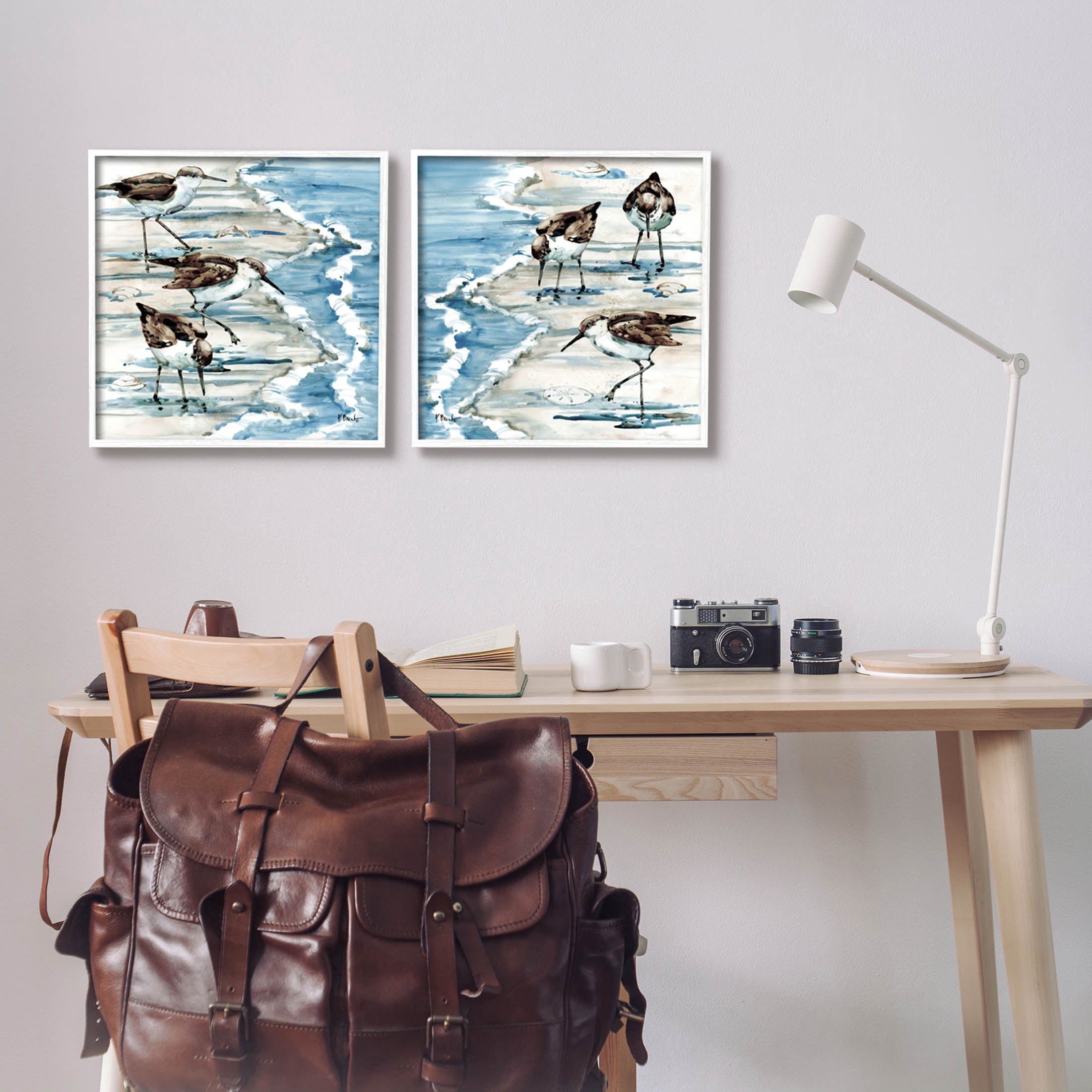 Stupell Industries Sandpipers Grazing Beach Shore Painting White Framed Art Print Wall Art, Set of 2, Design by Paul Brent