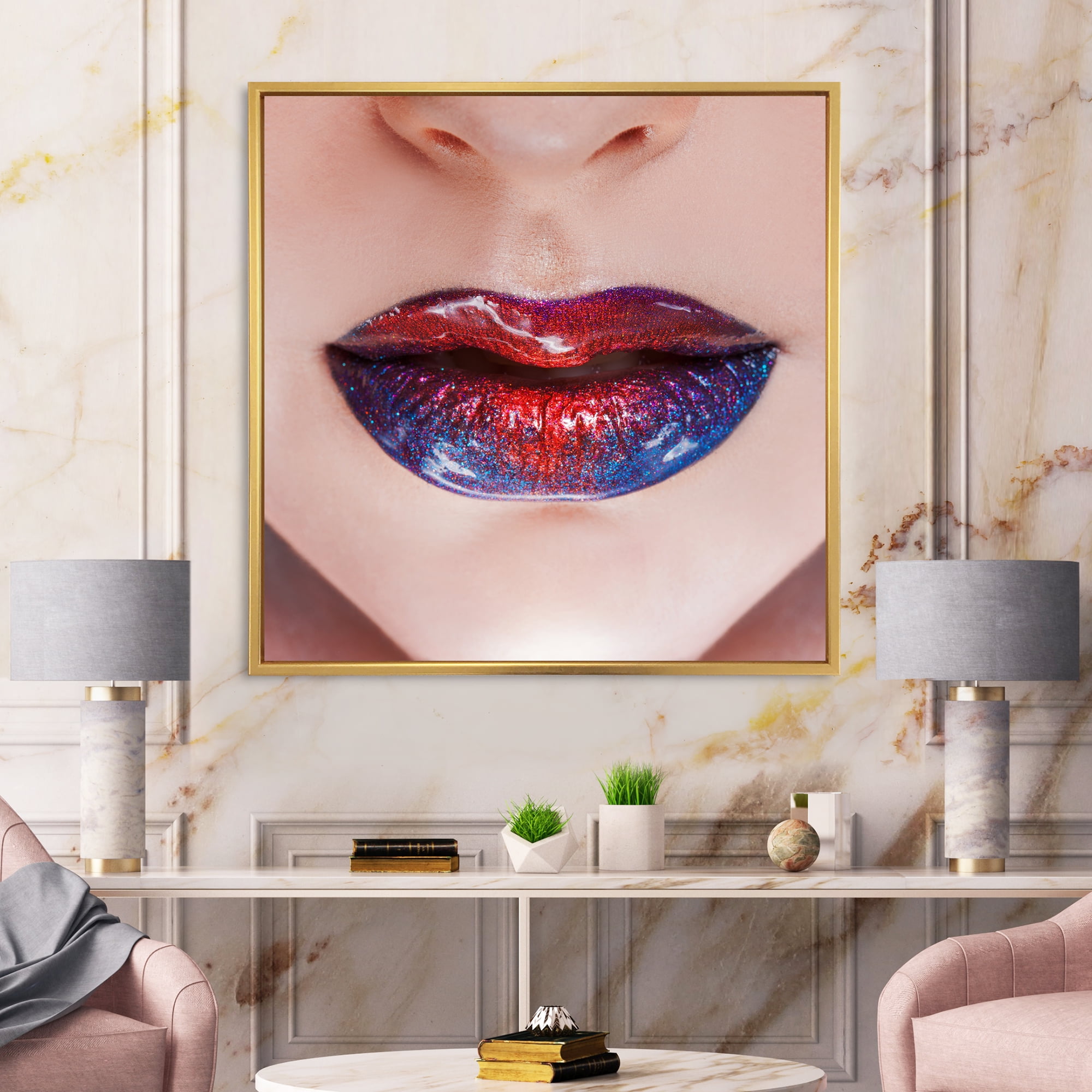 Designart 'Beautiful Women Lips With Red and Blue Lipstick' Modern Framed Canvas Wall Art Print