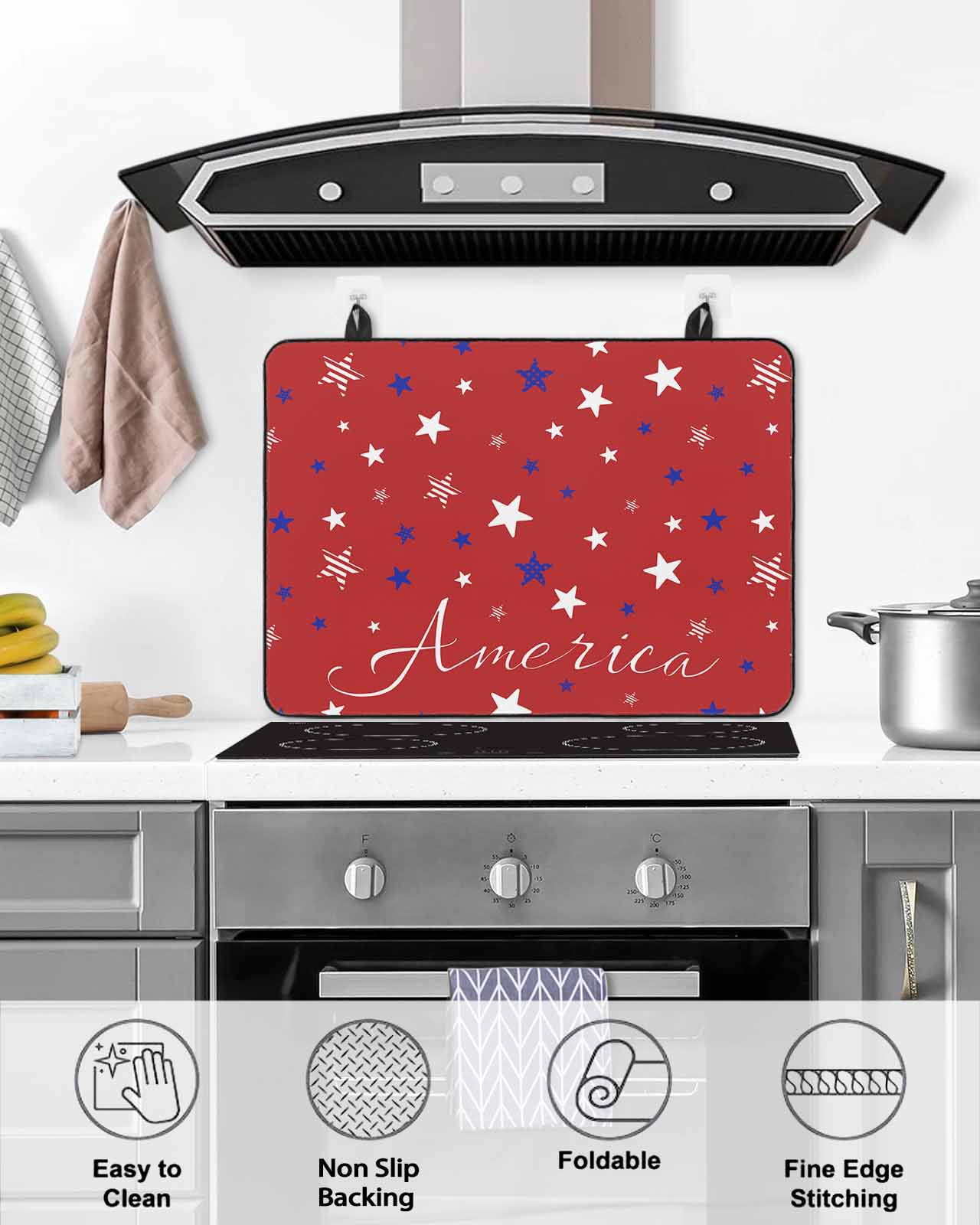 nqOlkjepod Large Induction Cooktop Protector Mat 31"x24", 4th of July Stove Top Covers for Electric Stove, Red Independence Day White Blue Star Stove Burner Cover Mats, Glass Top Stove Cover