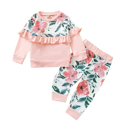 

ZRBYWB Kids Toddler Baby Girls Clothes Autumn Winter Floral Cotton Long Ruffle Sleeve Tshirt Tops Pant Pullover Set Clothes