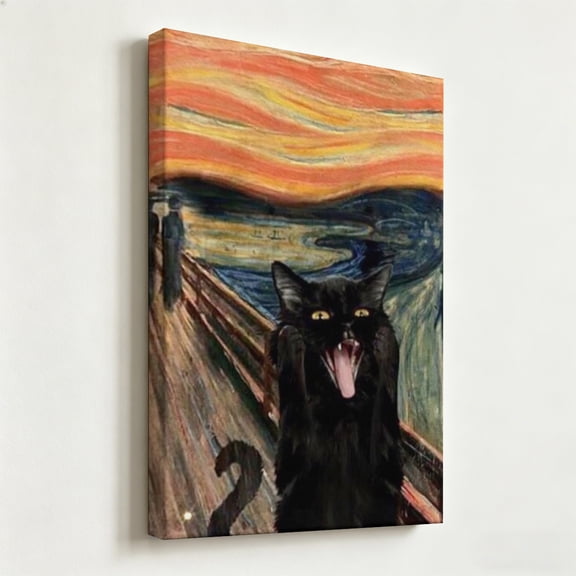 "The Scream Cat" Whimsical Masterpiece Canvas Art, Edward Munch Parody Black Cat Print, Matte Finish Gallery Wrapped Funny Fine Art Wall Decor 8*12