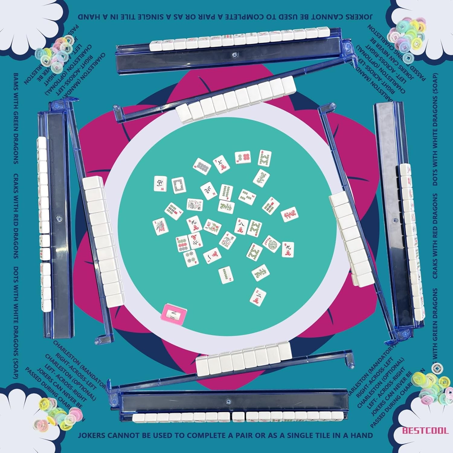 Mahjong Mat with Rules for Table, Odorless, Free of PAHs, No Creases American Mahjong Mat with Instructions, Anti-Slip, Noise Reduction Mahjong Gift