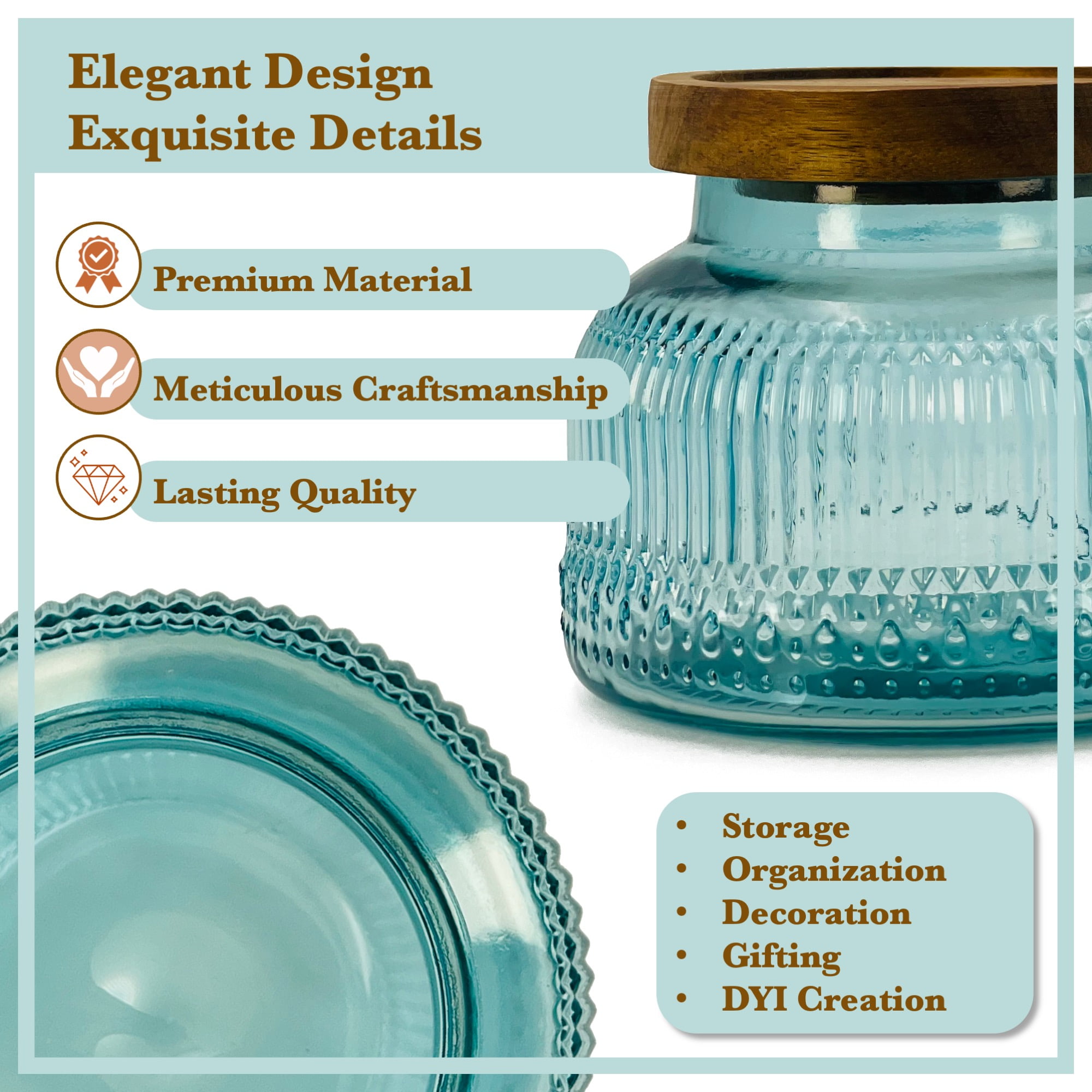 Lingshine 24.5 oz Decorative Glass Jars with Airtight Wooden Lids - Blue Ribbed, Vintage Kitchen Food Storage Containers for Cookie Candy Spice Coffee Tea, Home Decor Candle Vase