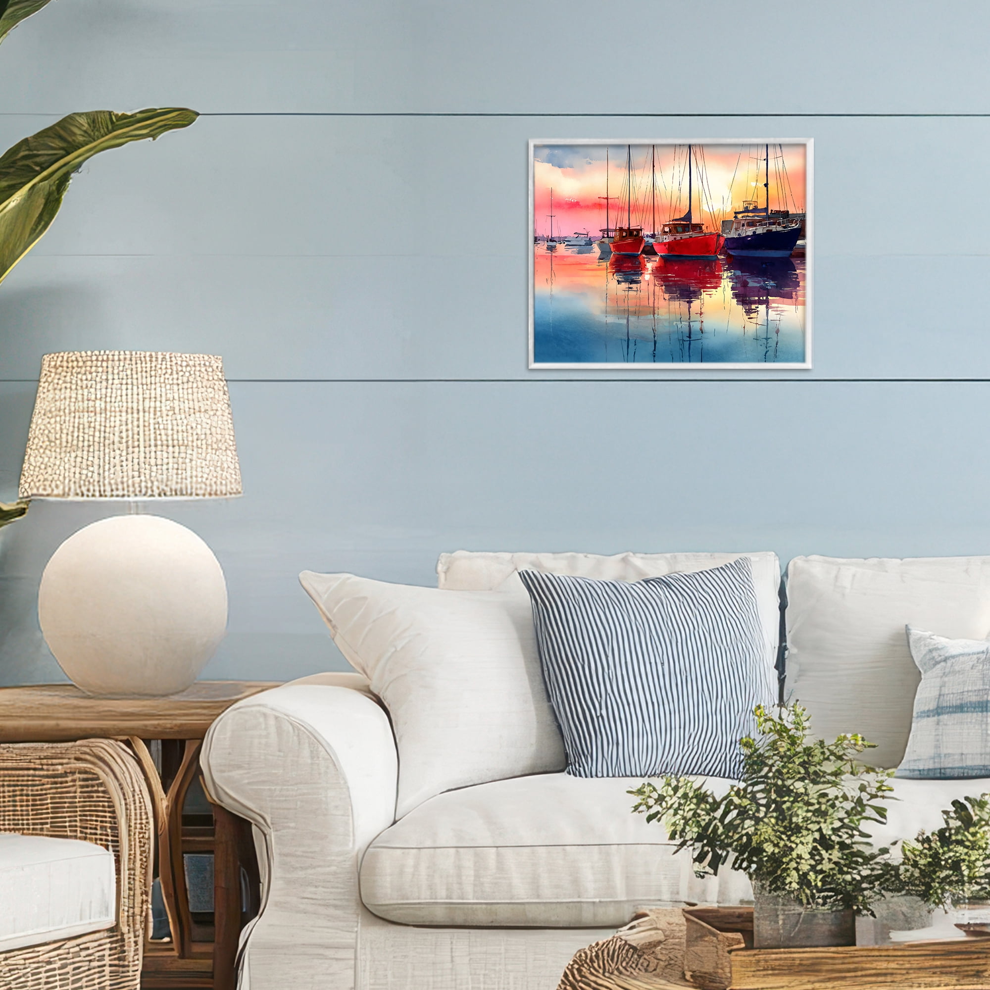 Stupell Industries Red & Blue Boats at Sunset White Framed Giclee Art, design by Franklyn Gregory