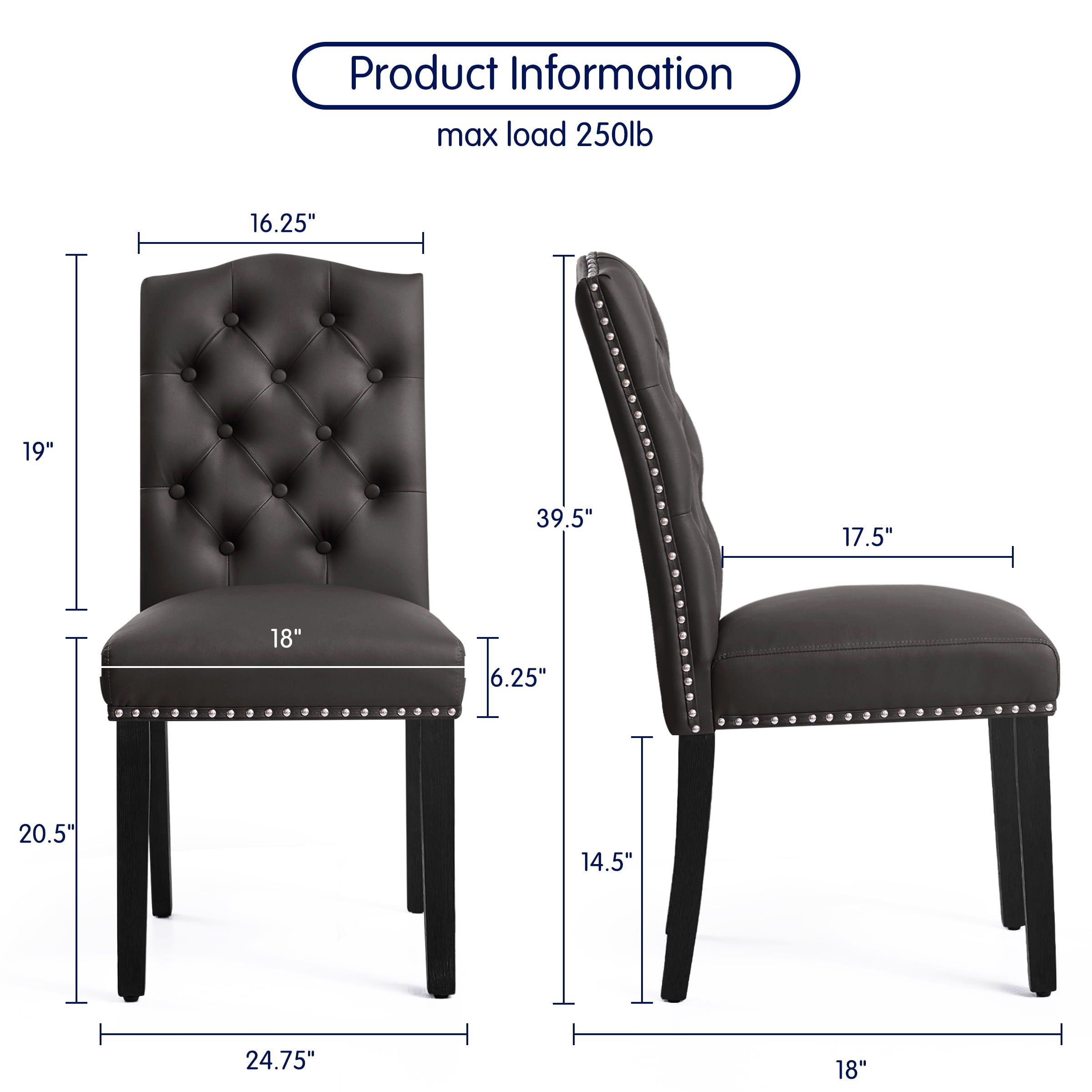 Subrtex Upholstered Dining Chairs Set of 2, PU Leather Dining Chair with Nail heads Trim, Button Padded Chairs Set for Kitchen Dining Room, Gray