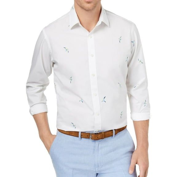 Club Room Mens Bird Print Button Up Shirt, White, XX-Large