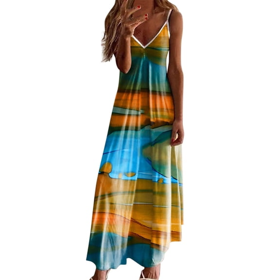 IROINNID Women's Sundress Boho Summer Deep V Neck Sleeveless Maxi Dress Elegant Swing Long Dress Prints Drop Waist Dress