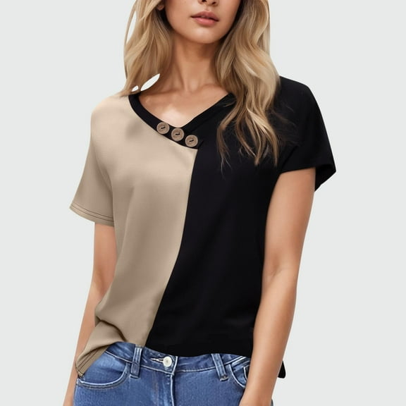 QUNYINEY Short Sleeve Tops for Women Trendy V Neck Pullover Casual Colorblock Shirts Button Loose Summer Shirts for Women