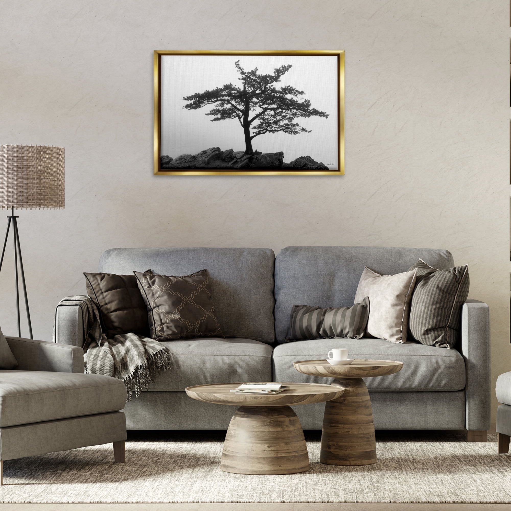 Stupell Industries Lone Tree on Rocks Landscape & Nature Photography Gold Floater Framed Canvas Art Print Wall Art, 31 x 21