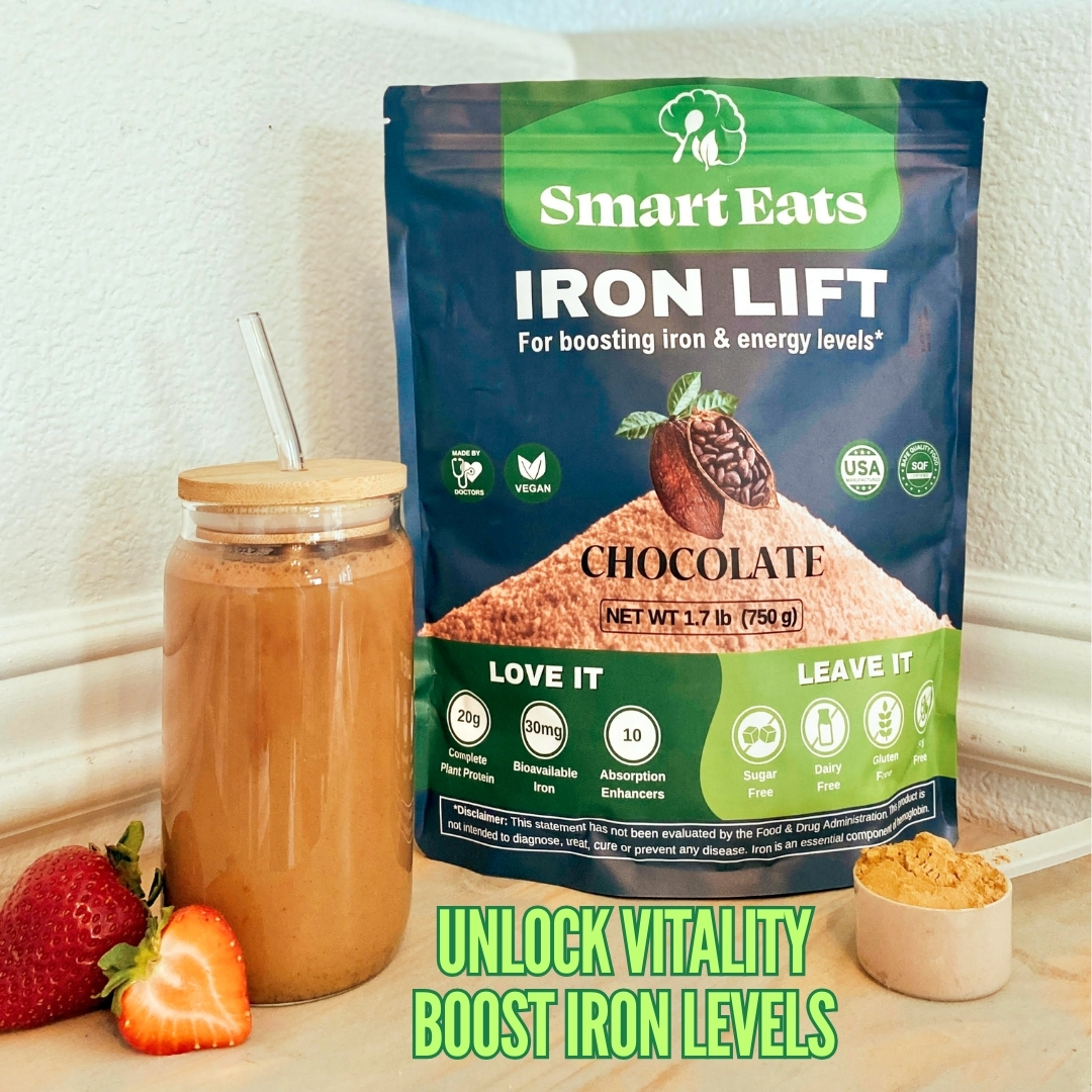 Smart Eats Iron Lift - Powder Iron Supplement - 30mg Gentle Iron, 20g Protein, 6g Fiber - Vitamins - For Anemia - Support Energy, Hair & Gut - Vegan - Chocolate Flavor - 30 Scoops