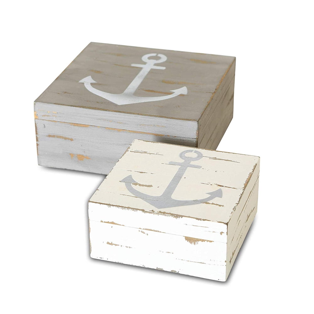 Cape Cod Anchor Boxes, Set of 2, Coastal White and Rustic Gray, Shabby