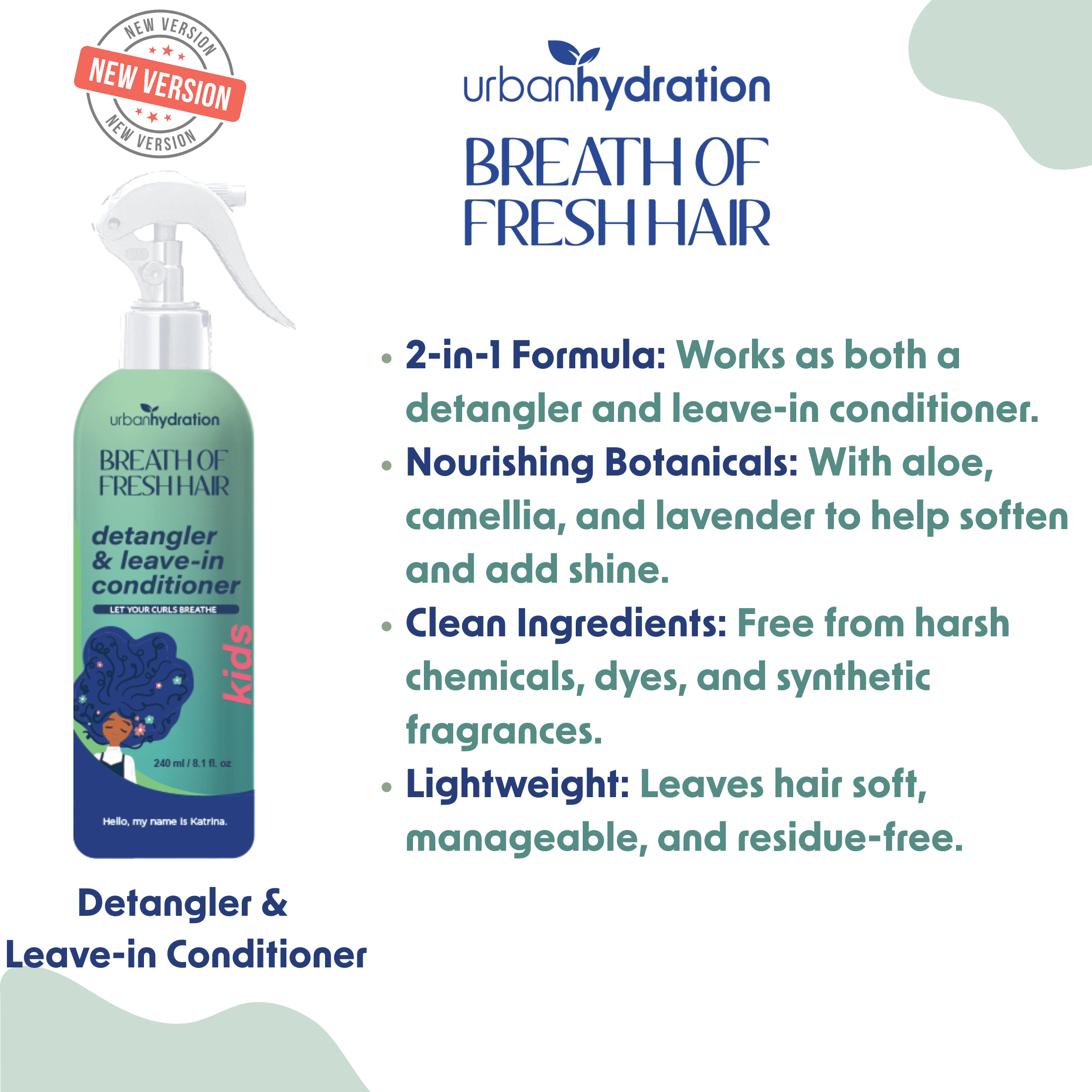(3 pack) Urban Hydration Breath of Fresh Hair Kids Detangler & Leave-In Conditioner Spray