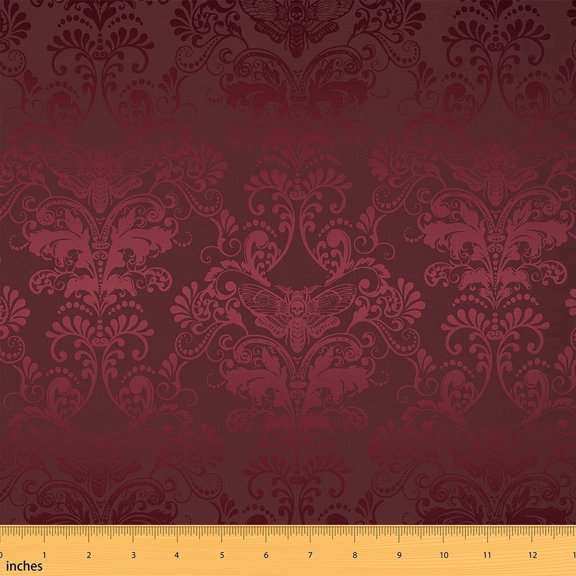 Erosebridal Red Damask Fabric By The Yard,Gothic Moth Damask Upholstery Fabric for Man,Boho Exotic Skull Decorative Fabric,Vintage Floral Print Indoor Outdoor Fabric,Red Grey,10 Yards