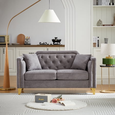 61.5" Mid-Century Modern Chenille Sofa, Button Tufted with Copper Stud Trim, Metal Legs and 2 Pillows, Stylish Living Room Upholstered Sofa (Gray)