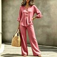 thumbnail image 4 of SELONE Dressy Matching Sets for Women Plus Size Plaid Henley Ruffle Blouse Wide Leg Long Pants Casual Workout Outfits, 4 of 7