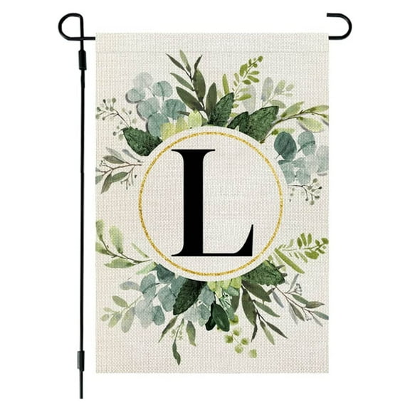 Gmogad Eucalyptus Wreath Spring Monogram Letter Garden Flag 12x18 Inch Double Sided Small Burlap Holiday Family Last Name Initial Flag for Outside Yard L