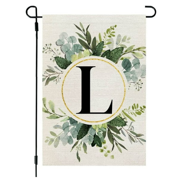 Bandera de lino para jardín, estilo Ins, con estampado de 26 letras y plantas verdes, con la primera letra del apellido, ideal para colgar en la puerta del patio.