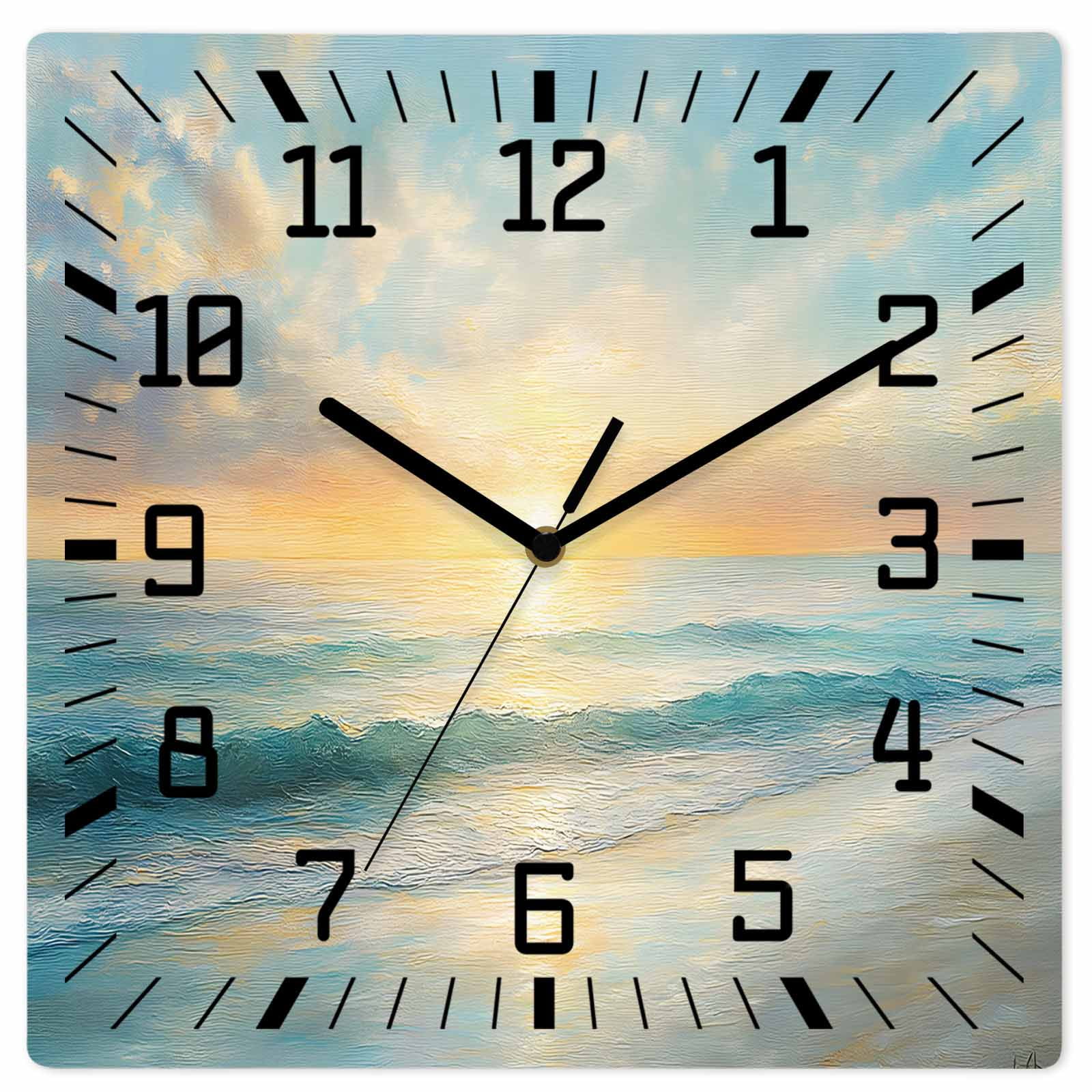 Ocean Sunrise Coastal Wooden Wall Clock Silent Non Ticking, Summer Beach Abstract Art Square Wall