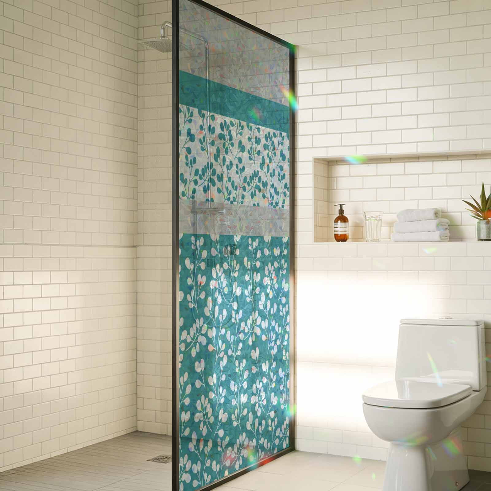 Teal Floral Window Privacy Film Stain Glass,Reusable Decorative Rainbow Window Film,Botanical Blossom Motif Boho Grey Stripes Static Cling Sun Blocking Stickers Decals Covers 17.7" x 39.3" (2pcs)