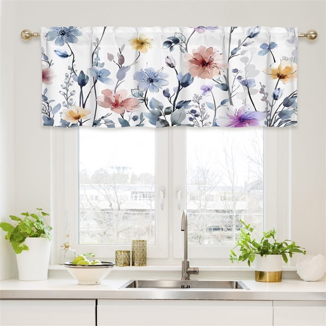 Short Floral Window Valance Curtain for Bathroom or Kitchen, Thermal Insulating Tier Design with Colorful Patterns, Easy to Clean Polyester Fabric