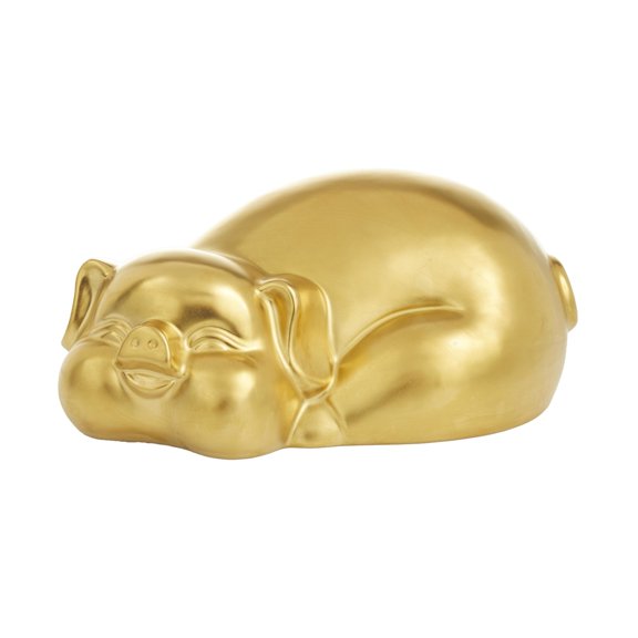 13" x 5" Gold Porcelain Ceramic Pig Sculpture, by DecMode