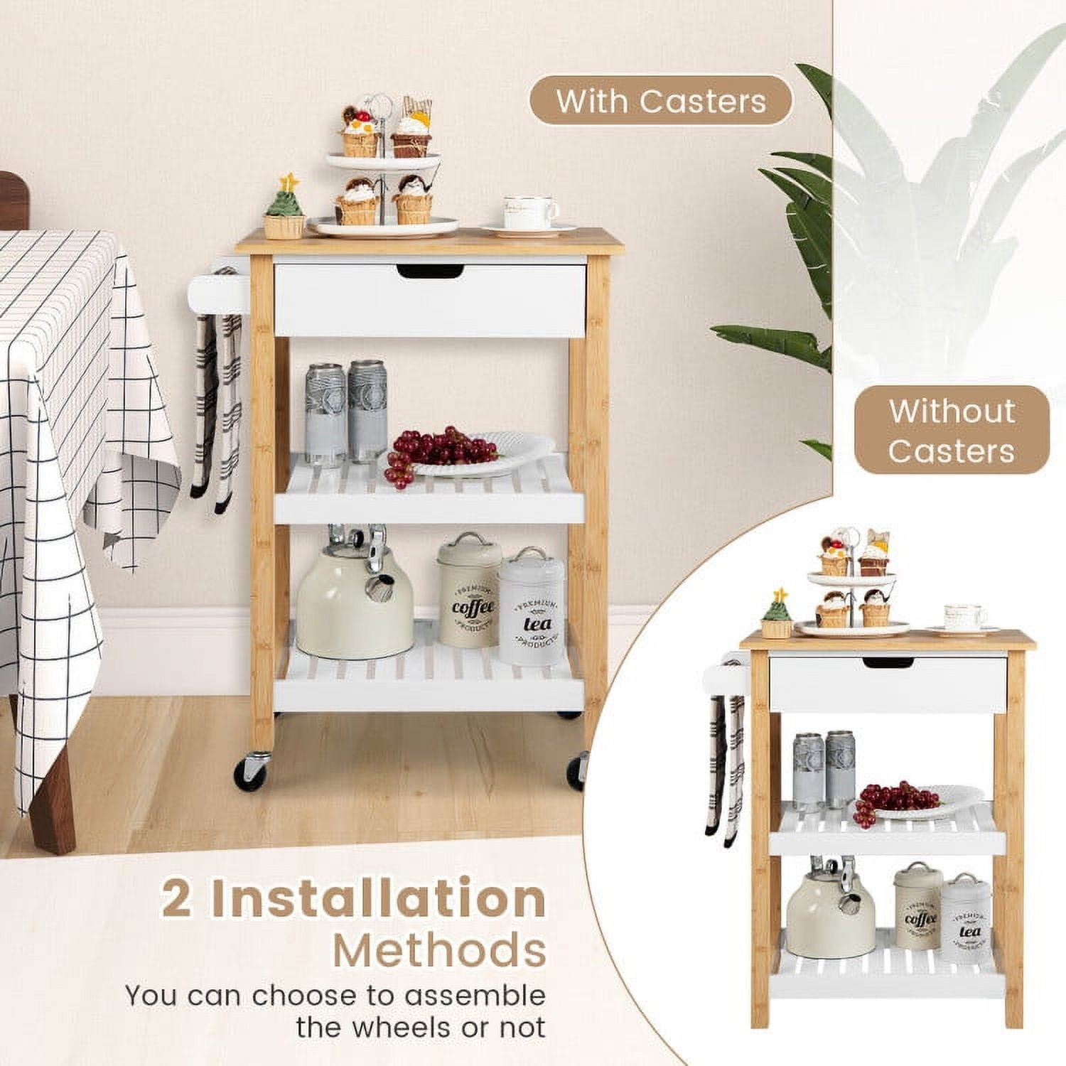 Finihen Rolling Cart, Kitchen Island Cart, 3-Tier Kitchen Island Cart Rolling Service Trolley with Bamboo Top, for Kitchen, Dining Room, Natural Finihen Rolling Cart, Kitchen Island Cart, 3-Tier Kitchen Island Cart Rolling Service Trolley with Bamboo Top, for Kitchen, Dining Room, Natural