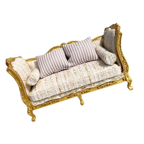 Sofá de madera en miniatura para casa de muñecas, juego de muebles decorativos dorados para casa de muñecas a escala 1:12 Sofá doble