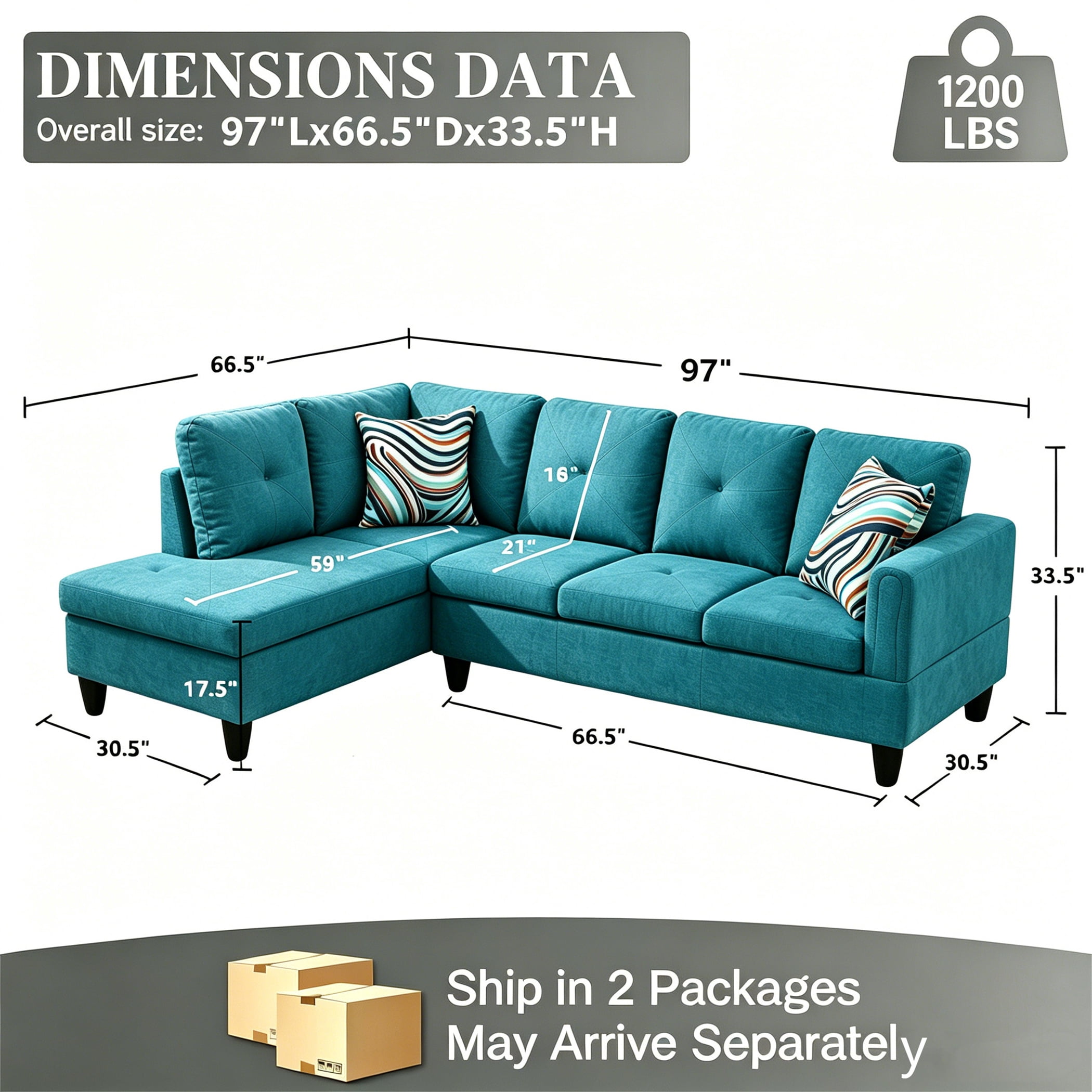 Aukfa 97" Classic Sectional Sofa 4 Seat L shape Couch with Oversized Left Chaise for Living Room, 2Pillows, Linen, Aqua Blue