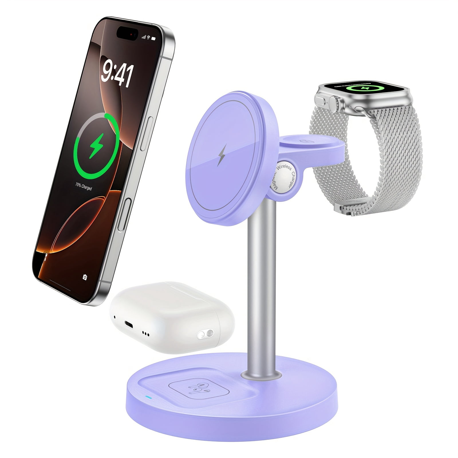 3-in-1 Magnetic Wireless Charger Stand: 15W Fast Charging for iPhone 16/15/14/13/12, Apple Watch & AirPods | Adjustable, Heat Dissipation, Strong Magnetic Grip, Dopamine Colors