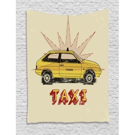- Retro Tapestry, Pop Art Style Old Fashioned Taxi Cab with Grunge Effects Vintage Car Graphic, Wall Hanging for Bedroom Living Room Dorm Decor, 40W X 60L Inches, Beige Yellow Ruby, by Ambesonne