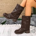 thumbnail image 3 of Fold over Mid Calf Boots for Women Vintage Leather Buckles Square Toe Chunky Heels Motorcycle Riding Tall Boots Brown Size 8, 3 of 7
