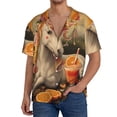 thumbnail image 3 of Honeii 's Countryside Fruit White Horse for men's short-sleeved button-up collared shirt featuring a pocket, perfect for beach vacations, and travel adventures., 3 of 5
