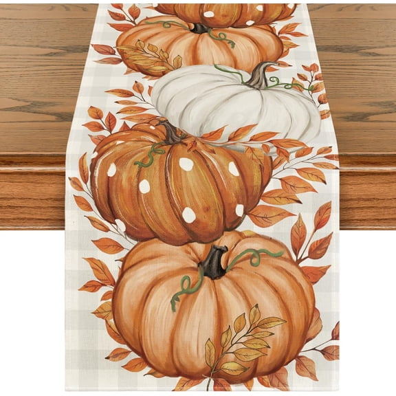 SM-XLHN Orange Polka Dot Pumpkin Eucalyptus Wood Fall Table Runner, Seasonal Autumn Kitchen Dining Table Decoration for Home Party Decor 13x72 Inch