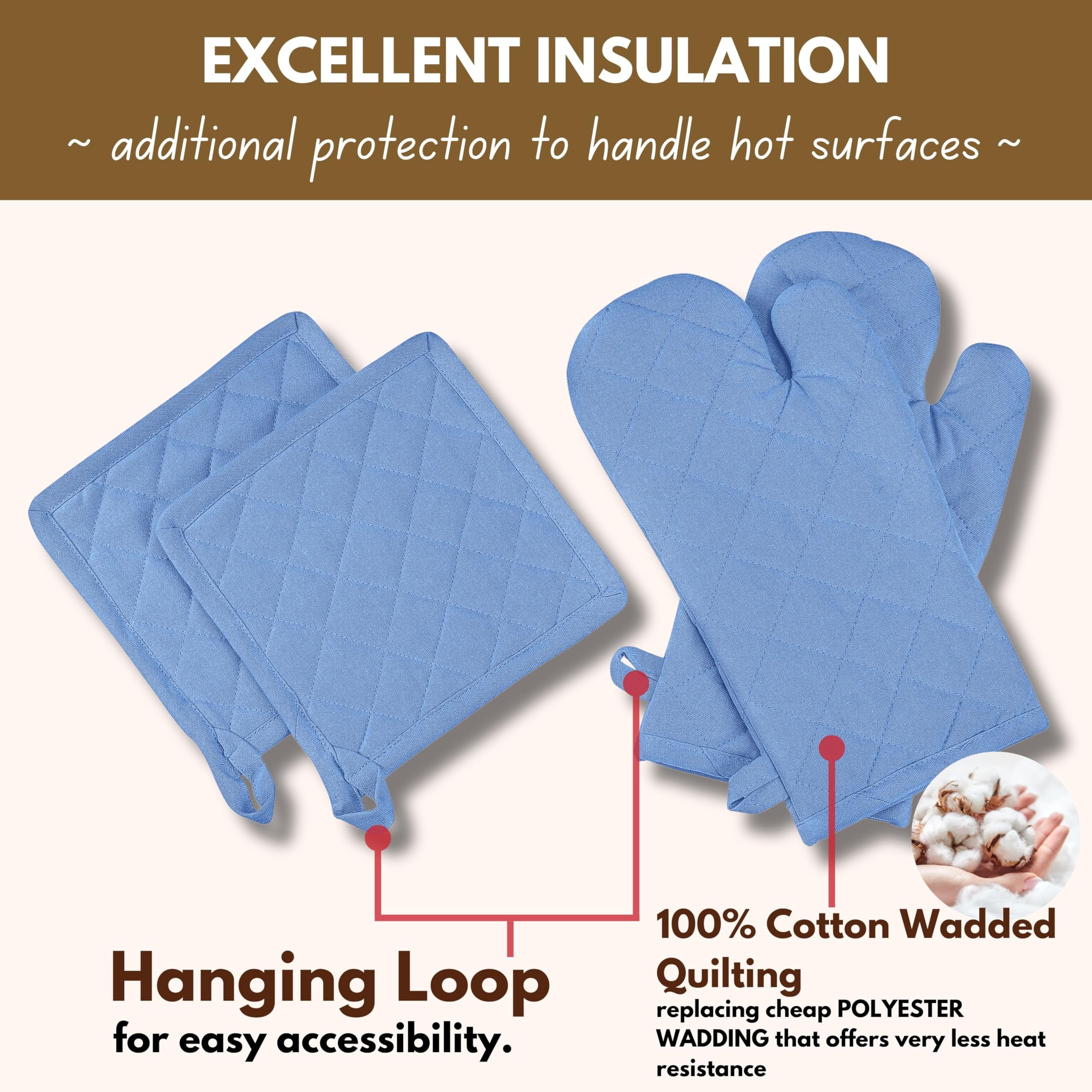 Native Fab 100% Cotton Oven Mitts & Pot Holders for Baking Cooking Hot Pans - 4 Pack - Sky Blue