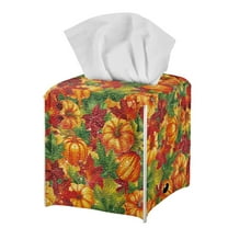 POLERO PU Leather Tissue Box Cover Square Pumpkin Leaves Thanksgiving, Waterproof Decorative Tissue Box Holder for Bathroom, Office, Desk, Car, 5.1"X5.1"X5.5"