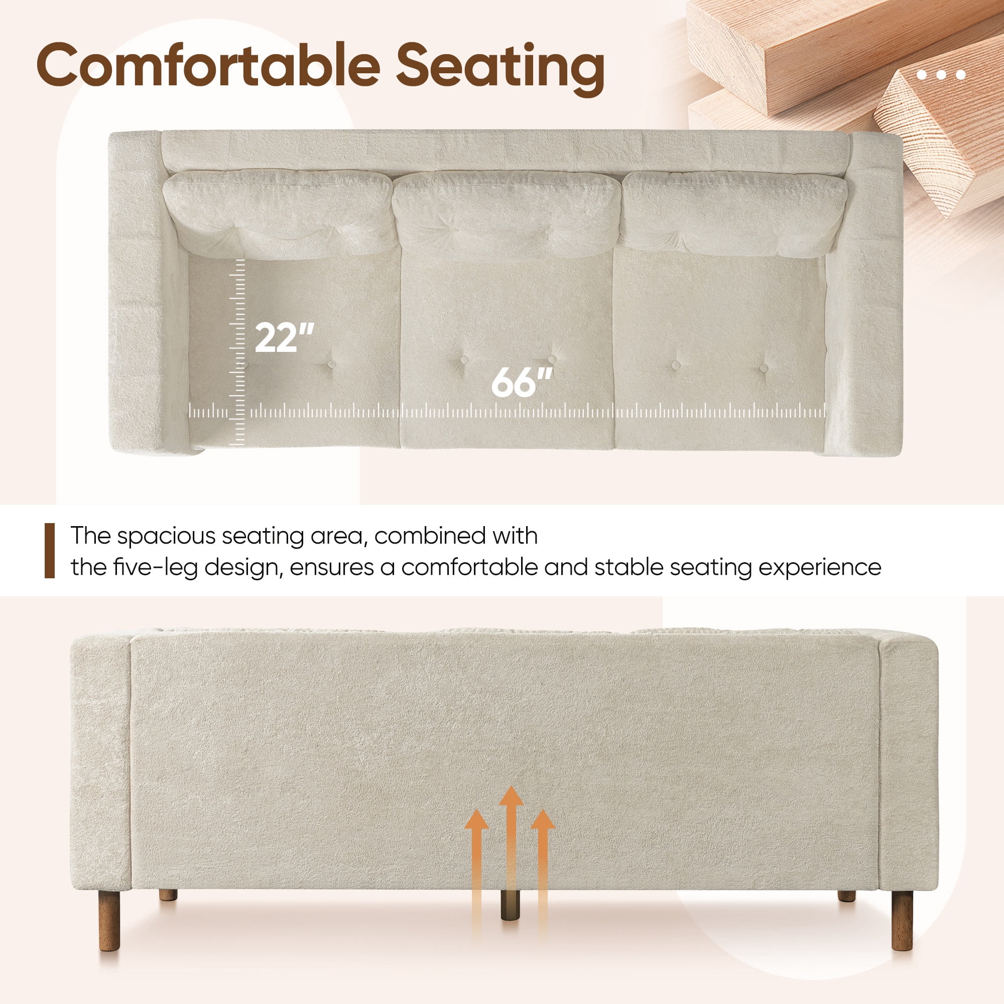 Lunale 78" Chenille 3-Seater Sofa, Modern Mid‑Century Upholstered Couch for Living Room, Apt., Tufted Design & Wood Legs, Beige