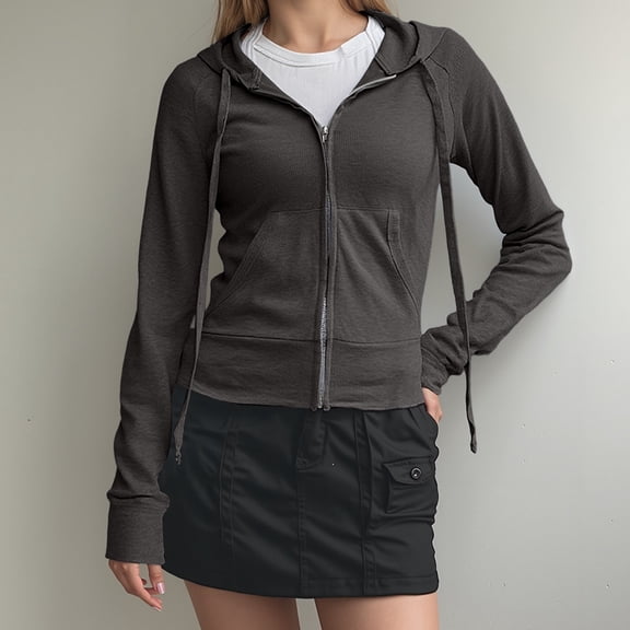 FASHOFT Women's Zip Up Hoodies Slim Fit Casual Hooded Jacket Workout Full Zip Sweatshirt with Pocket Solid Y2K Streetwear GY1 L