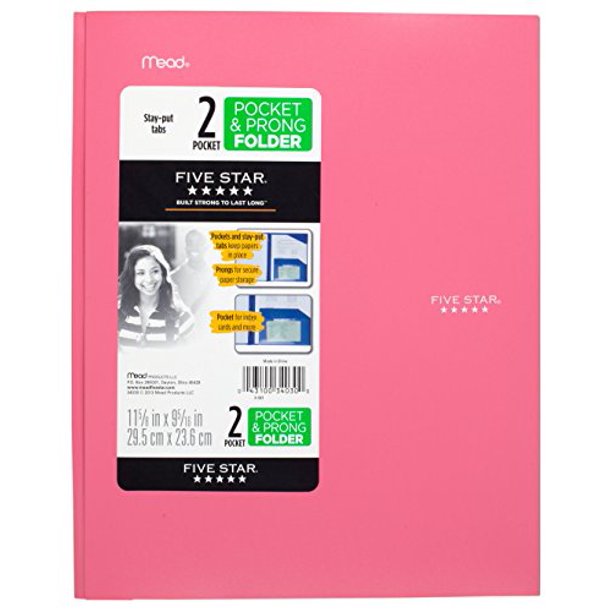Five Star 2Pocket Folder, StayPut Folder, Plastic Colored Folders with Pockets & Prong