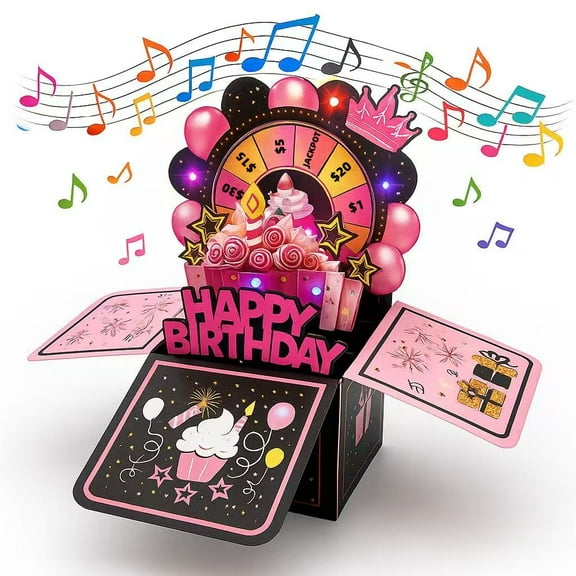 3D Pop-Up Birthday Card with Music & Lights, Spinning Turntable Stereo Box, Unique Pop-Up Greeting Card for Women, Girls, Kids