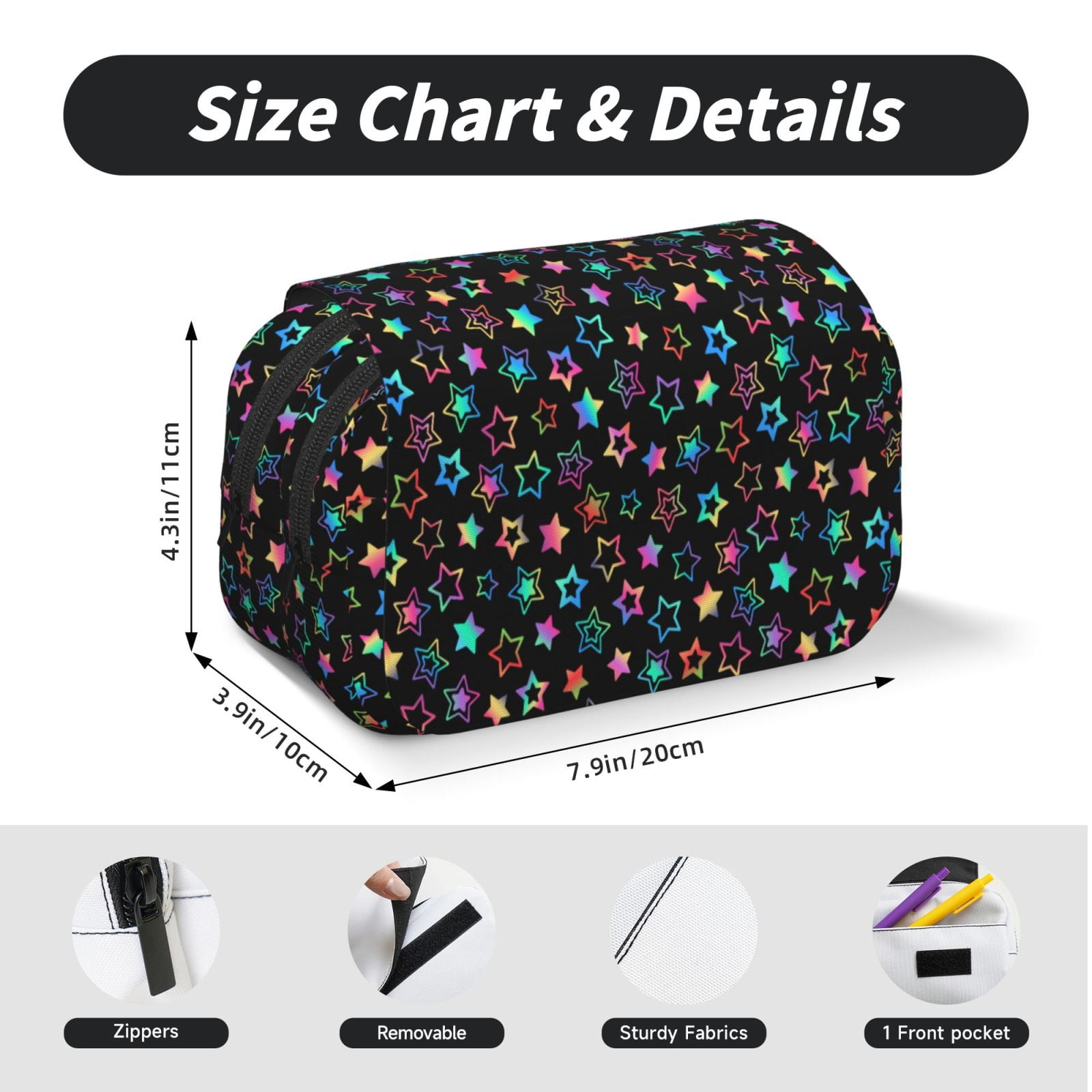 Rateoe Multi-Colored Stars Pattern Double Clamshell Pen Case, Storage Organizer with Two Zipper Compartments– Holds Up to 50 Pencils & Pens