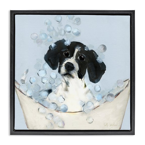 Stupell Industries Modern Black & White Puppy in Tub Black Floating Frame Canvas Art, 18 x 18, by Sally Swatland