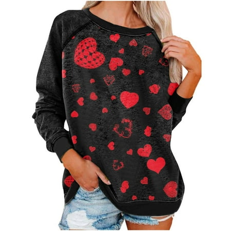 

Womens Long Sleeves Blouse Valentine s Day Fashion Retro Love Printing Patchwork Sleeve Pullover Casual Loose Round Neck Ladies Tunics Sweatshirt Top