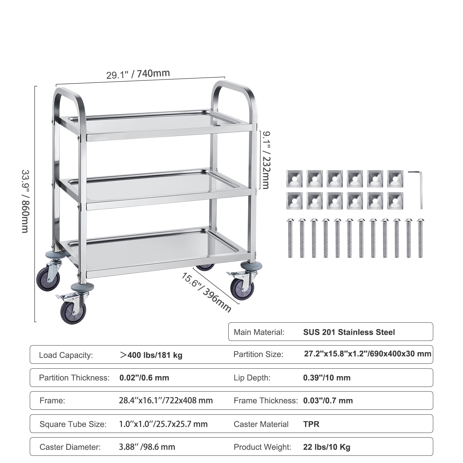 VEVOR Stainless Steel Cart, 3 Layers Lab Utility Cart 400 lbs Weight Capacity, Medical Cart with Lockable Universal Wheels, for Lab, Clinic, Kitchen, Salon