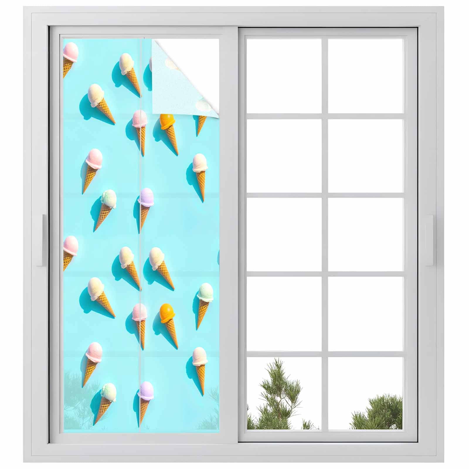 Blue Ice Cream Window Privacy Film, Summer Colorful Ice Cream Static Cling UV Sun Blocking Tint Film Heat Control Windows Films for Bedroom Bathroom, Window Stickers 23.6"x59"