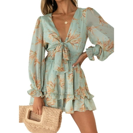 

Women s Summer Deep V Neck Floral Dress Flowy Corset Elastic Casual